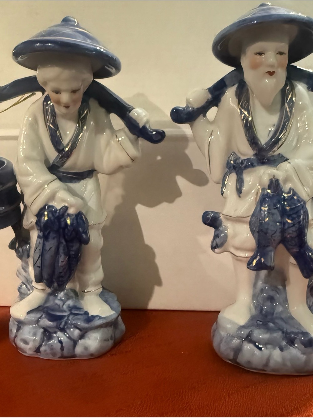Blue and White Porcelain Fisherman Figurine - Decorative Home Art